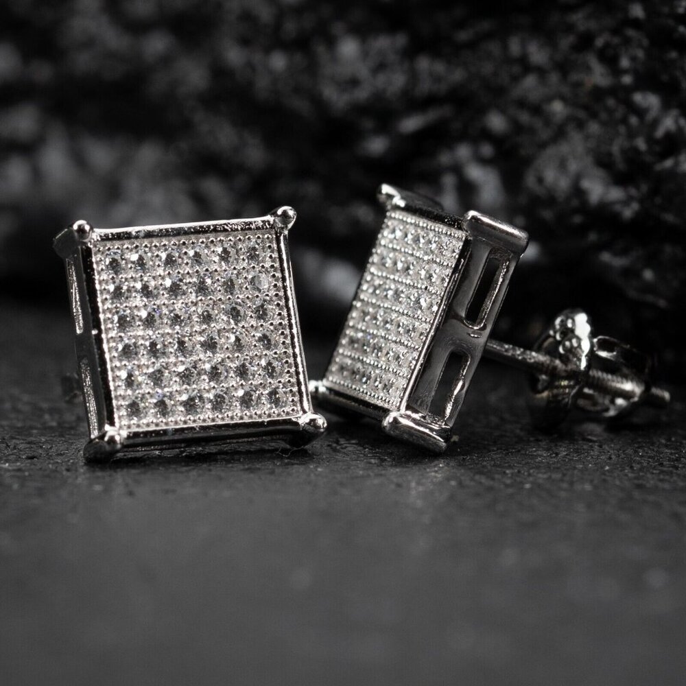 White Gold Sterling Silver Hip Hop Cz Square Flat Screen Mens Stud Earrings - Picture 4 of 5